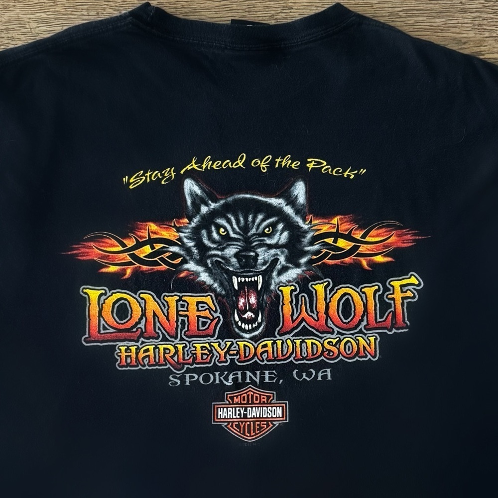 Harley-Davidson Y2K Lone Wolf Spokane WA Wolf Flame Print Tee – Hanes Beefy 2XL